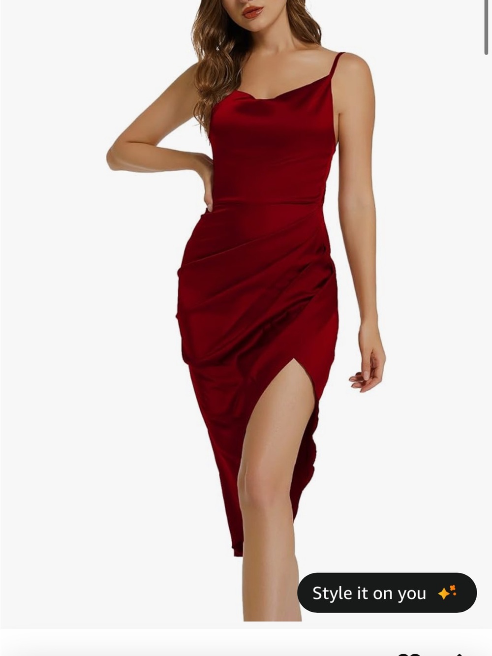 Red Satin Cowl-Neck Midi Dress with Side Slit
